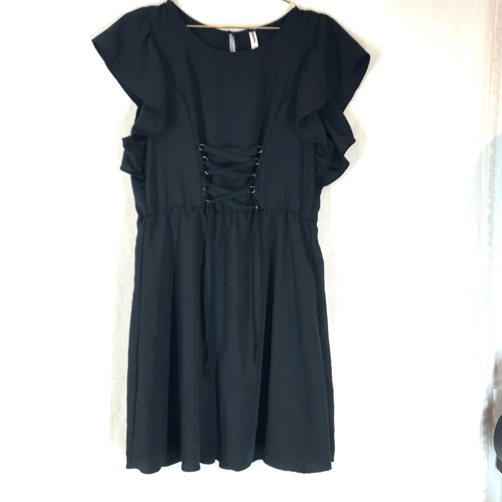 Lace-up.Ruffle Sleeve.Black. Sheath Dress. NWOT